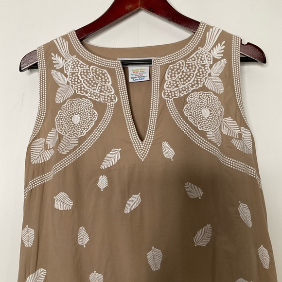 Gretchen Scott Designs Sleeveless Halter Neckline Tan White Leaf Pattern Dress M - Picture 4 of 16